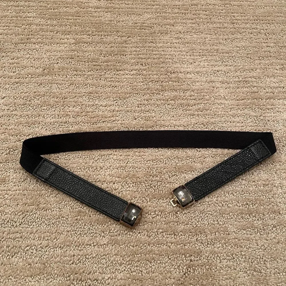 Elise M. Elastic Black Leather Belt With Black Gem